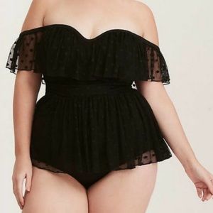 TORRID Polka Dot Mesh Dress Overlay Off Shoulder Convertible One Piece Swim Suit